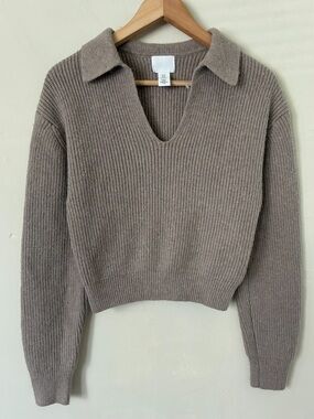 HM Women Taupe Ribbed Polo Collar V-Neck Knit Sweater Long Sleeve XS